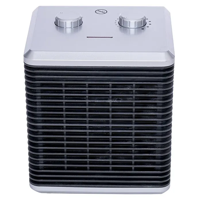 Voltomat HEATING Heizlüfter Cube - 750 kW - 1.500 W, Schwarz/Silber, 18 x 16,5 x 21 cm - Abbildung einer silbernen Heizung mit einem Gitter an der Vorderseite und zwei Knöpfen oben.