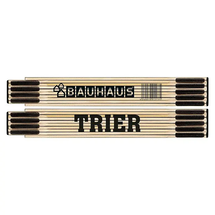 BAUHAUS Zollstock - TRIER, 2 m - Das Bild zeigt einen Zollstock von Bauhaus Trier. Das Werkzeug ist aus Holz und hat eine schwarze Schrift.
