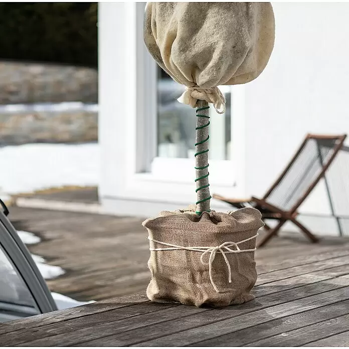 Windhager Winterschutz Heizschlauch - 6 m - Kleine Pflanze in hellbeigem Stoff und Jute zum Winterschutz, auf einer Holzterrasse im Freien.