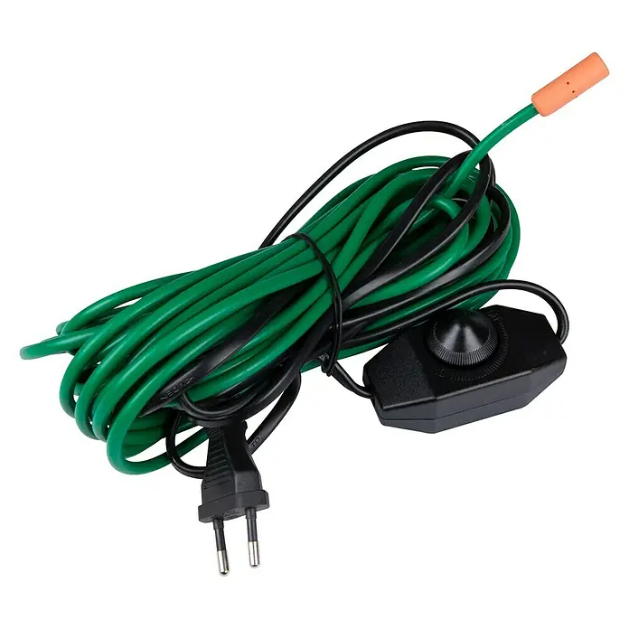 Windhager Winterschutz Heizschlauch - 6 m - Nahaufnahme einer grünen Heizkabel mit Dimmschalter und Stecker, ideal für Terrarien und Aquarien.