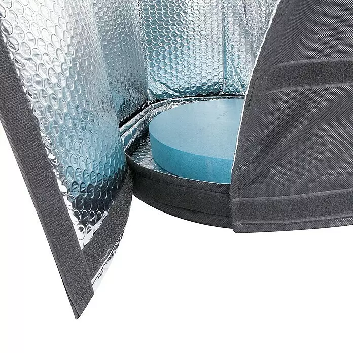 Windhager Winterschutz Topfschutz Superprotect - Passend für: Töpfe mit Ø 40-55 cm - Geöffnete Isoliertasche mit silberner Luftpolsterfolie und dunkelgrauer Außenseite, blauer Schaumstoffscheibe innen. Mit Klettverschluss.