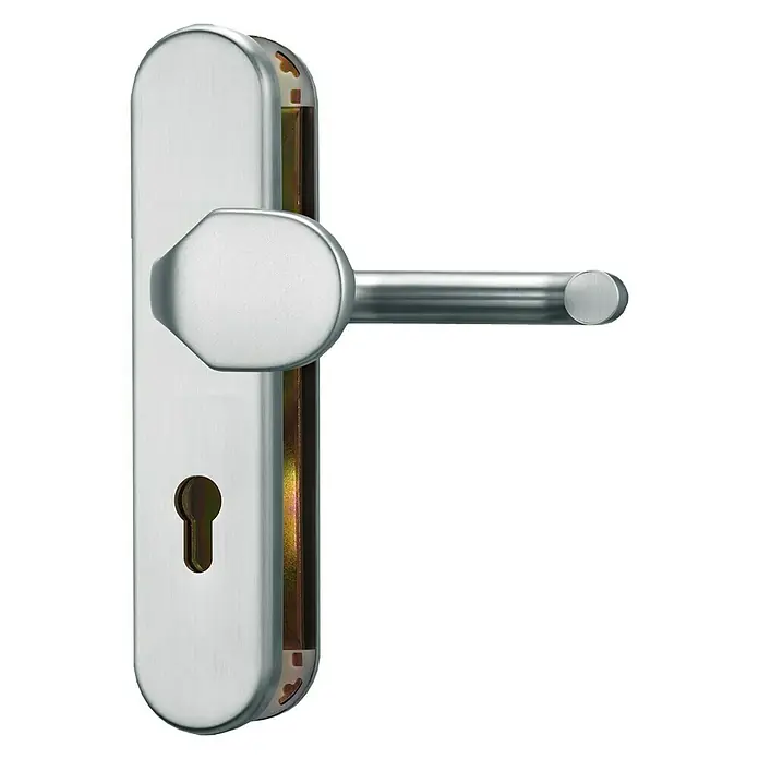 Abus Schutzbeschlag KLT512 - Feuerschutztür, Aluminium, Knopf außen, Drücker innen, Stärke Tür: 37 mm - 47 mm - Nahaufnahme eines silberfarbenen Türgriffs mit Schlüsselloch auf schwarzem Hintergrund. Elegantes und modernes Design.