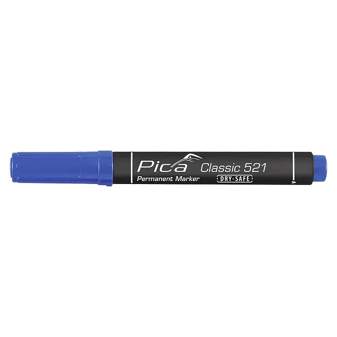 Permanentmarker Pica 521/41 - Strichstärke: 2 mm - 6 mm, Blau - Blauer Pica Classic 521 Permanentmarker mit schwarzem Gehäuse und der Aufschrift "Pica" und "Classic 521".