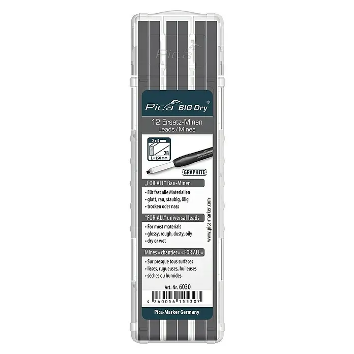 Pica Ersatzminen Big Dry 6030 - 12 Stk., Passend für: Zimmermannsbleistift Big Dry 6030 Longlife - Ein Pica BIG Dry Minen-Set mit 12 Ersatzminen, geeignet für diverse Materialien, ob glatt, rau, trocken oder nass.