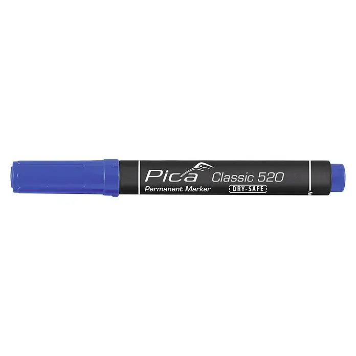 Permanentmarker Pica 520/41 - Strichstärke: 1 mm - 4 mm, Blau - Nahaufnahme eines blauen Pica Classic 520 Permanent Marker Stift, der für seine Trockensicherheit bekannt ist, ideal für verschiedenste Oberflächen.