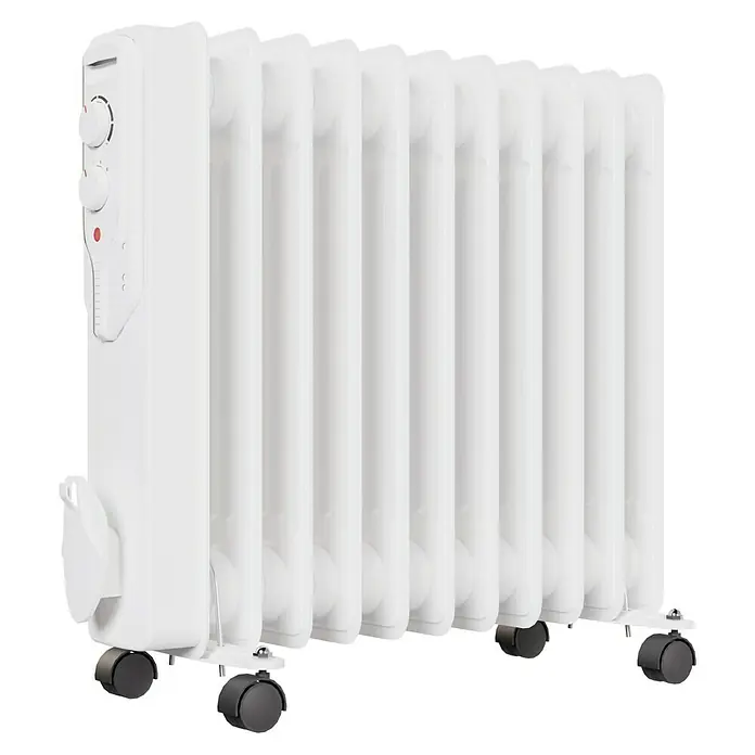 Voltomat HEATING Ölradiator - 2.500 W, Raumgröße bis ca. 25 m², Weiß - Ein weißer Ölradiator mit mehreren Heizrippen und Reglern. Perfekt für zusätzliche Wärme an kälteren Tagen.