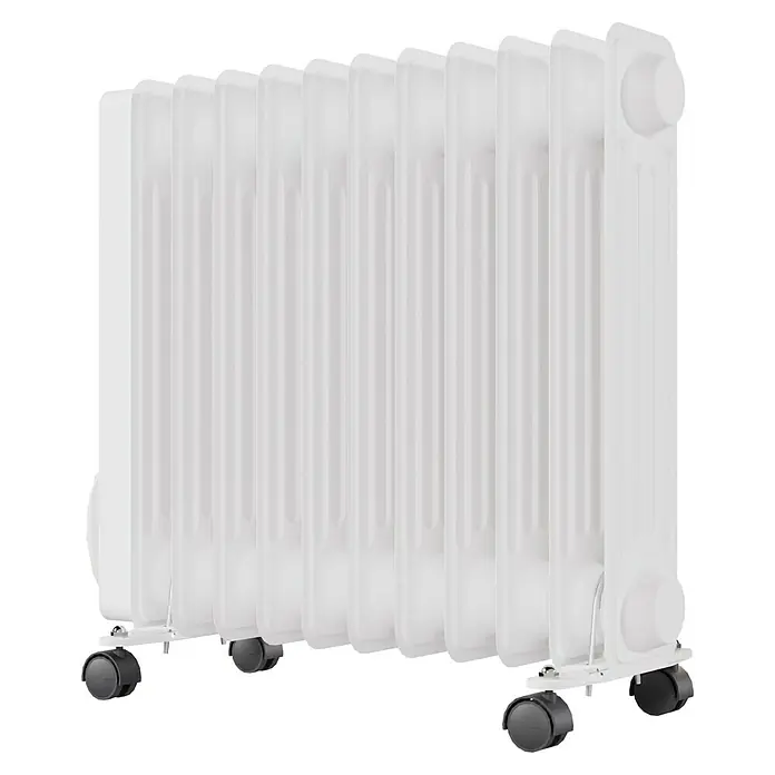 Voltomat HEATING Ölradiator - 2.500 W, Raumgröße bis ca. 25 m², Weiß - Ein weißer, tragbarer Ölradiator mit mehreren Rippen und Rollen, ideal für die Beheizung von Wohnräumen.