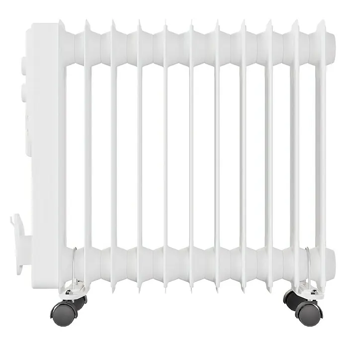 Voltomat HEATING Ölradiator - 2.500 W, Raumgröße bis ca. 25 m², Weiß - Nahaufnahme eines weißen Ölradiators mit Rädern, der Heizkomfort und Mobilität für jeden Raum bietet.