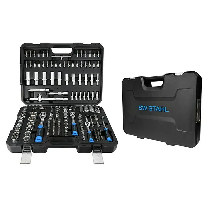SW-Stahl Steckschlüssel-Set - 184 -tlg. - Das Bild zeigt einen SW-Stahl Werkzeugkoffer, geöffnet und geschlossen. Perfekt für jede Werkstatt und jeden Handwerker.