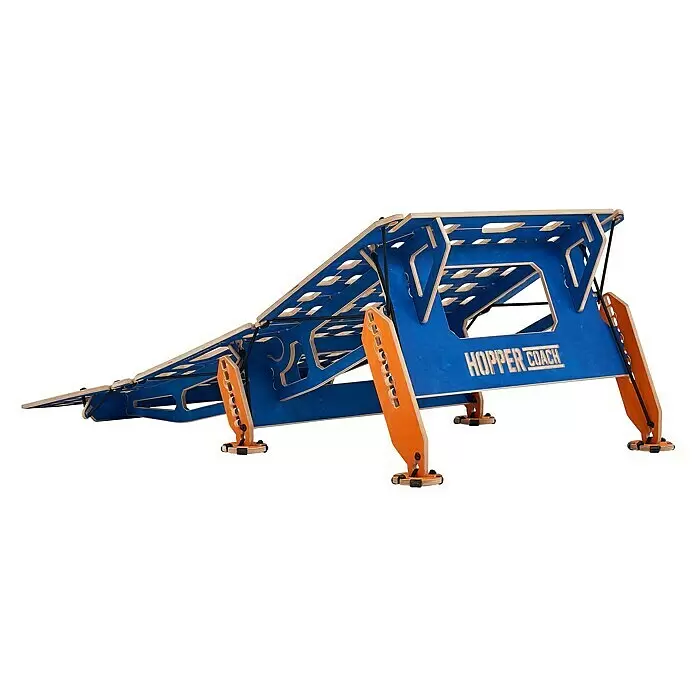 Rampa Coach - 2.100 x 730 x 800 mm, Específico para: Mountainbikes y BMX - Rampa de bicicleta de madera azul y naranja ajustable con la marca "HOPPER COACH".
