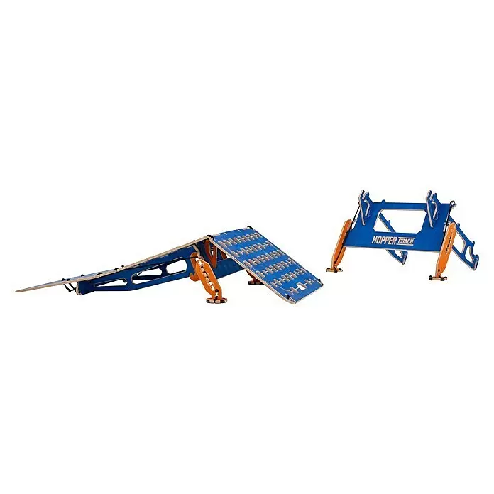 Rampa Coach - 2.100 x 730 x 800 mm, Específico para: Mountainbikes y BMX - Set de rampas de bicicleta modulares azul y madera natural, una extendida, una plegada.