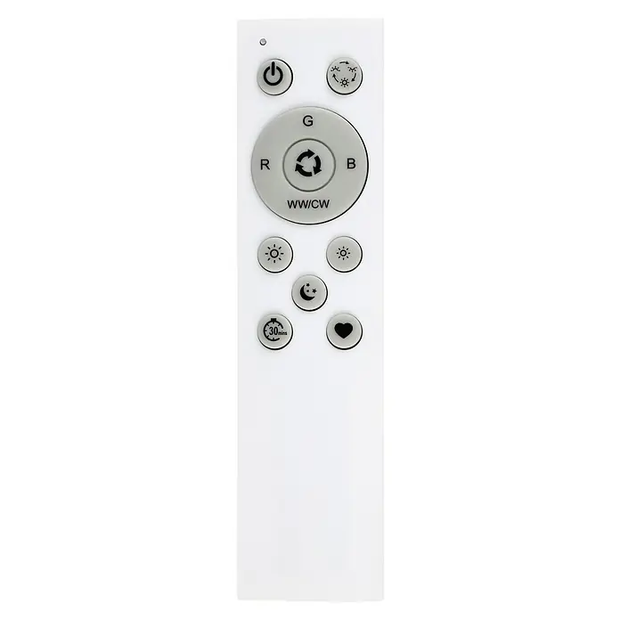 Tween Light LED-Panel RGB-RC-CCT-DIM - 15,5 W, L x B x H: 30 x 30 x 5,5 cm, Weiß, RGBW - Nahaufnahme einer weißen Fernbedienung mit verschiedenen Tasten zur Steuerung eines LED-Lichts.