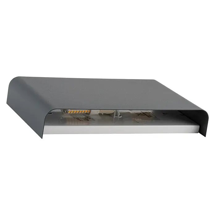 Wandleuchte - 80 W, Graphit, G9 - Nahaufnahme einer modernen grauen Wandleuchte mit integrierter LED-Beleuchtung, die ein dezentes, indirektes Licht erzeugt.\n