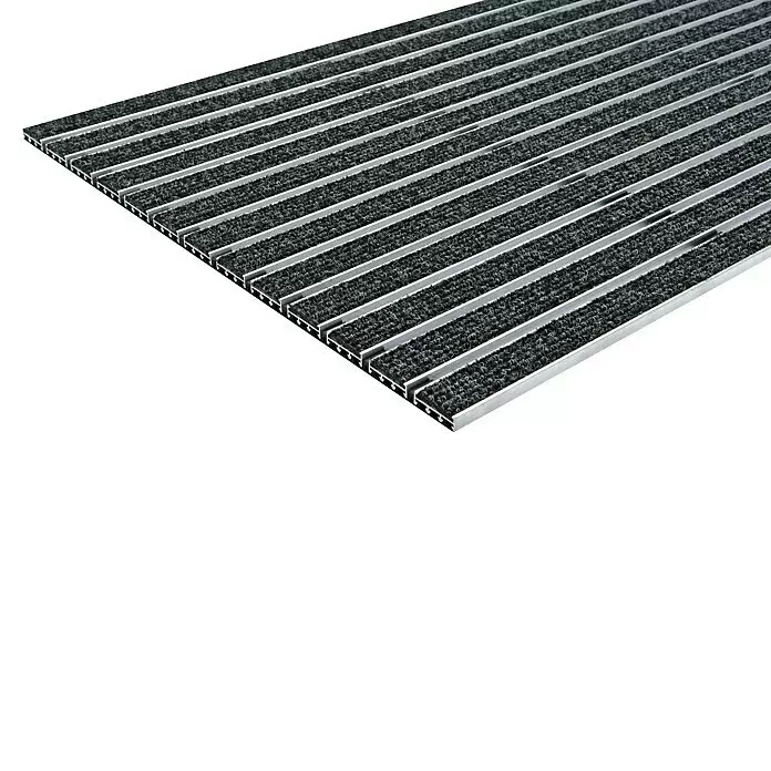 Fußmatte Excellent - Anthrazit, 49 x 80 cm, Aluminium - Dunkelgraue Eingangsmatte mit abwechselnden strukturierten Teppichstreifen und silbernen Aluminiumprofilen.