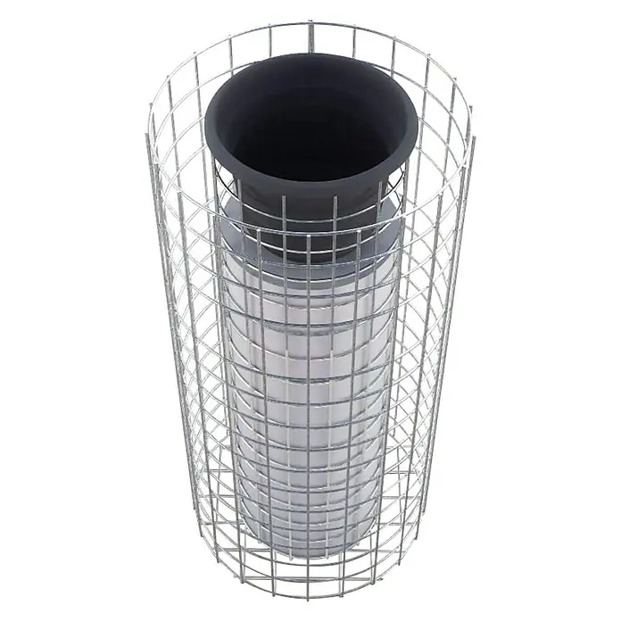 Gabiona Gabionensäule - Durchmesser: 37 cm, Höhe: 82 cm, Stahl, Maschenbreite: 50 mm, Maschenhöhe: 50 mm - Produktansicht eines runden, silberfarbenen Drahtgefäßes mit einem grauen zylindrischen Behälter im Inneren, ideal für Pflanzungen.