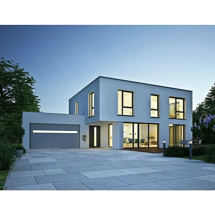 Gabiona Kabelkanal - 5 x 29 x 200 cm, Silbergrau, Maschenbreite: 5 cm, Maschenhöhe: 10 cm - Modernes Haus mit Garage und gepflasterter Auffahrt bei Dämmerung. Architektur mit klaren Linien und großen Fensterflächen.