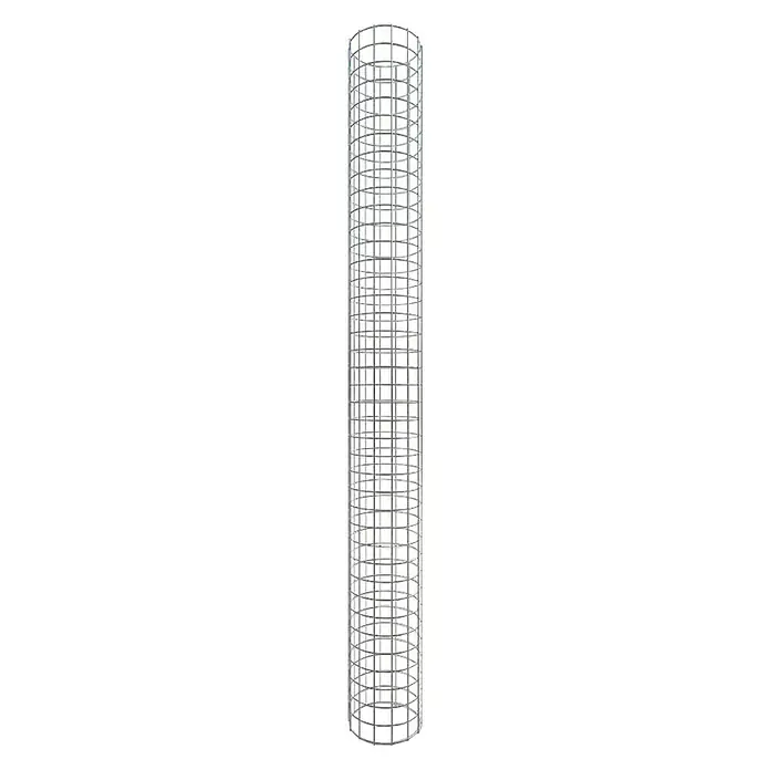 Gabiona Gabionensäule - Durchmesser: 22 cm, Stahl, Maschenbreite: 50 mm, Maschenhöhe: 50 mm, Verschlussart Gabione: Verschweißt - Nahaufnahme einer schlanken, zylinderförmigen Rankhilfe aus silberfarbenem Drahtgitter für Pflanzen.