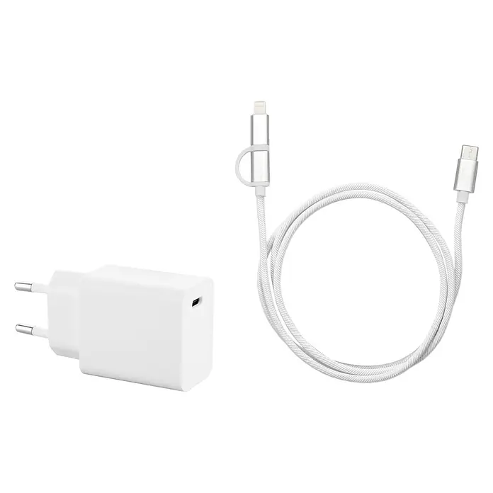 BAUHAUS USB-Ladegerät Quick Charge - USB C-Stecker, Weiß, Kabellänge: 1 m - Nahaufnahme eines weißen USB-Ladegeräts mit Kabel, das für schnelles und effizientes Aufladen Ihrer Geräte entwickelt wurde.