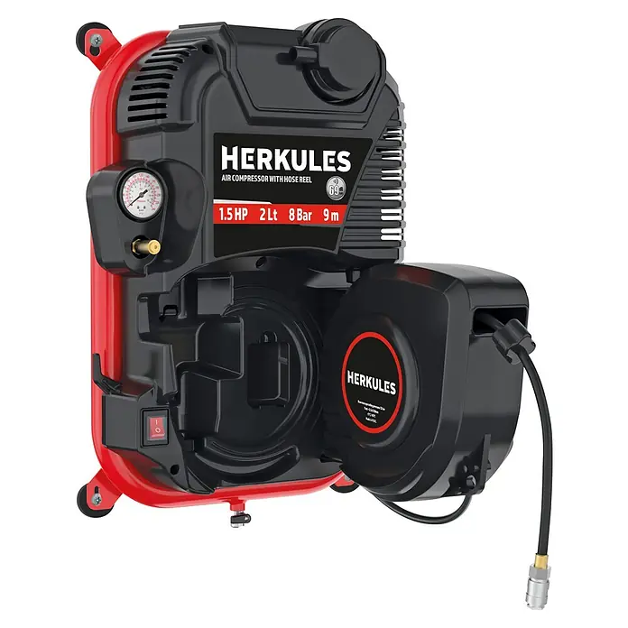 Herkules Compresor WALLETECH - Presión máx.: 8 bar, 2 l - Compresor de aire Herkules con carrete de manguera, que ofrece 1,5 HP de potencia, tanque de 2 Lt, presión de 8 Bar y manguera de 9 m.