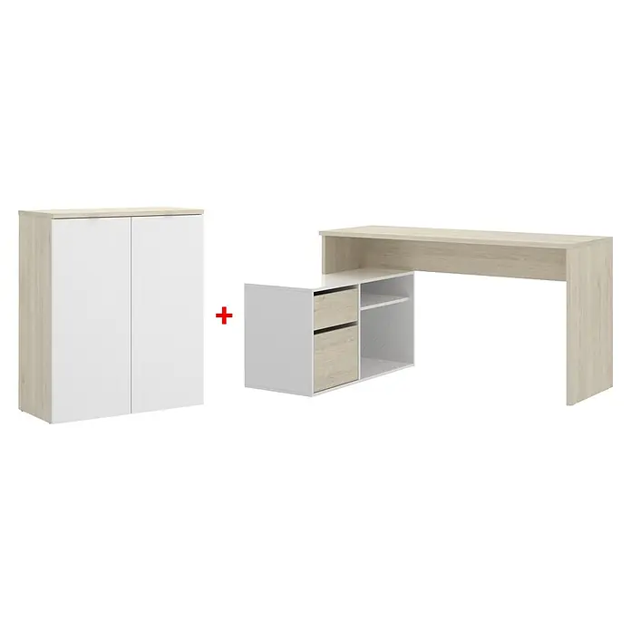 Dekit Mesa de escritorio y armario archivador Rox - Natural/Blanco, 2 pzs. - Conjunto de muebles claros con un armario de dos puertas, una estantería con dos cajones y un escritorio. El conjunto es elegante y funcional.