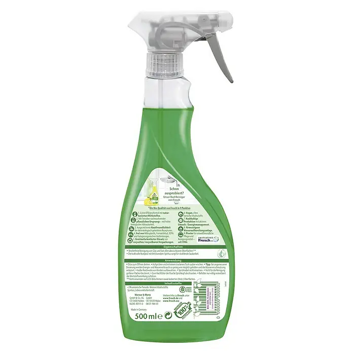 Frosch Glasreiniger Spiritus - 500 ml, Flasche mit Sprühkopf - Frosch Bad-Reiniger Sprühflasche, ein umweltfreundliches Reinigungsmittel für strahlende Sauberkeit im Badezimmer.