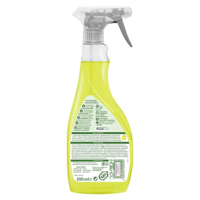 Frosch Dusche- & Badreiniger - 500 ml, Flasche mit Sprühkopf - Bild einer Frosch Zitronen Bad & Dusche Reiniger Sprühflasche mit Umweltvorteilen und Inhaltsstoffen.