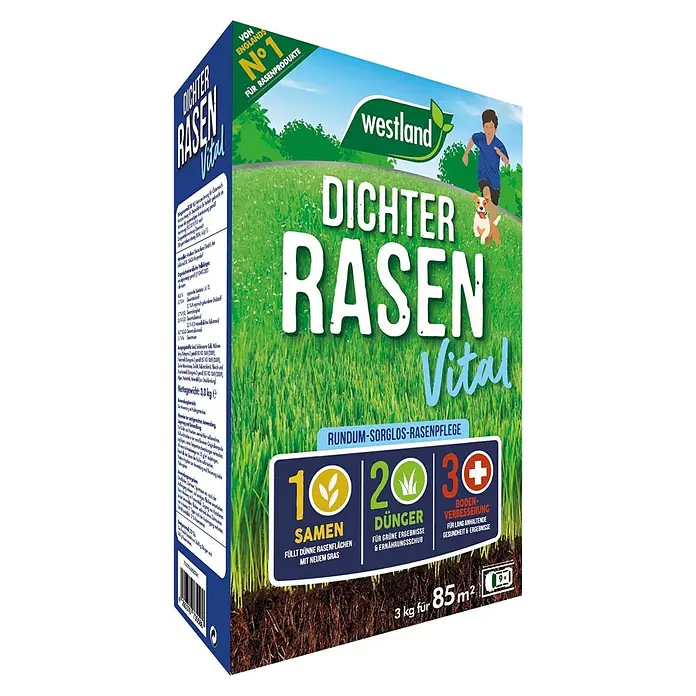 Westland Rasendünger Dichter Rasen Vital - Max. Anwendungsfläche: 80 m² - Rasensamenmischung von Westland, die kahle Stellen füllt und für einen dichten Rasen sorgt und die Bodenqualität verbessert.
