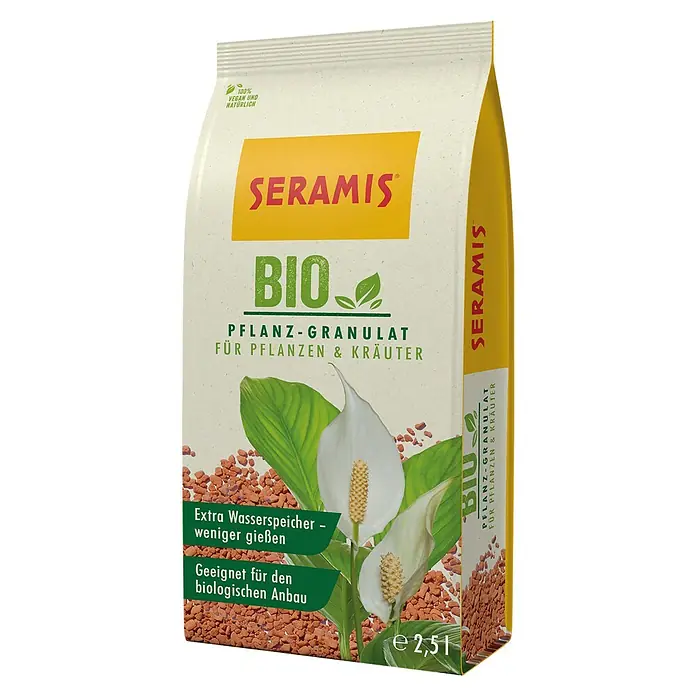 Seramis Pflanzgranulat Bio für Pflanzen & Kräuter - 2,5 l - Abbildung eines Seramis Bio Pflanz-Granulat-Sacks, der für Pflanzen und Kräuter geeignet ist und weniger Gießen erfordert.