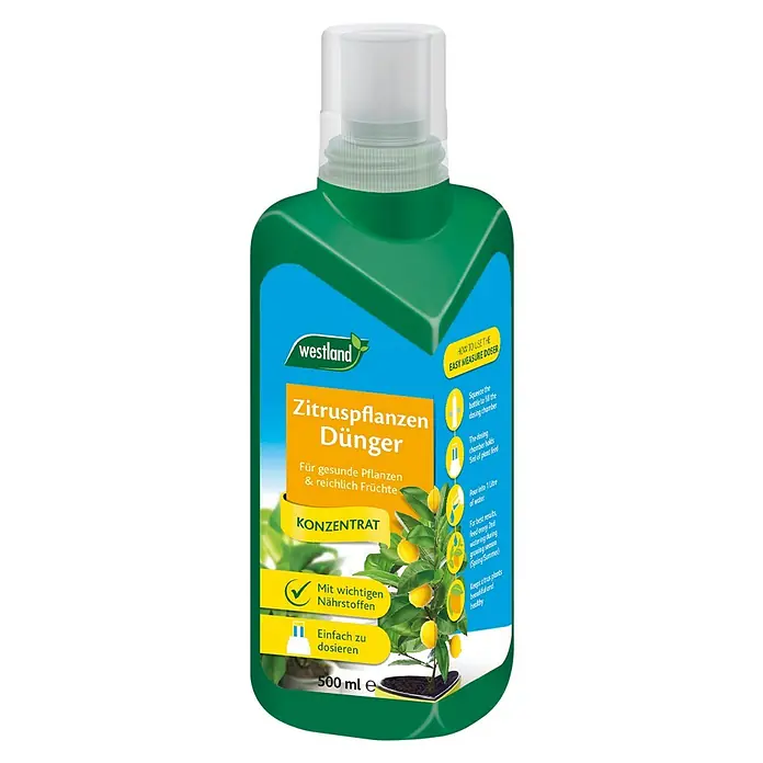 Westland Zitrusdünger - 500 ml - Abbildung einer Flasche Westland-Zitruspflanzendünger-Konzentrat mit Dosierhilfe und Anwendungshinweisen für gesunde Pflanzen.