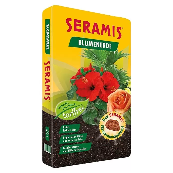 Seramis Blumenerde - 40 l - Gelber Beutel Seramis torffreie Blumenerde mit Hibiskusblüten, Rose und Palmenblatt, betont das Wassermanagement.