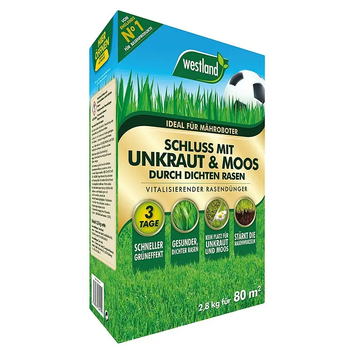 Westland Rasendünger Schluss mit Unkraut und Moos - 2,8 kg, Max. Anwendungsfläche: 80 m² - Produktbild eines Westland Rasendüngers, der Unkraut und Moos durch dichten Rasen beseitigt und für Mähroboter geeignet ist.
