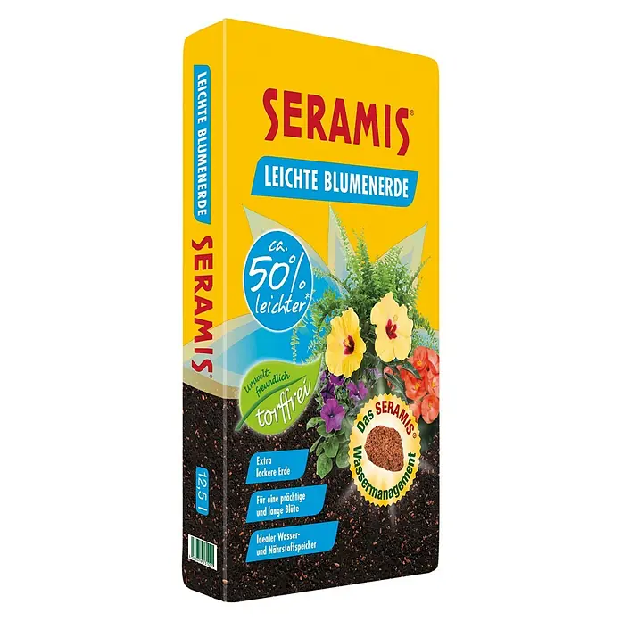 Seramis Blumenerde ca. 50% leichter - 12,5 l, Torffrei - Produktansicht von Seramis Leichte Blumenerde, die eine lockere Erde für eine prächtige und lange Blüte verspricht und torffrei ist.