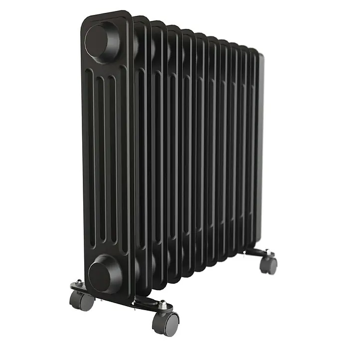 Voltomat HEATING Ölradiator - 2.500 W, Raumgröße bis ca. 25 m², Schwarz - Ein schwarzer, tragbarer Ölradiator mit mehreren Heizrippen und Rädern für den einfachen Transport. Ideal für zusätzliche Wärme.