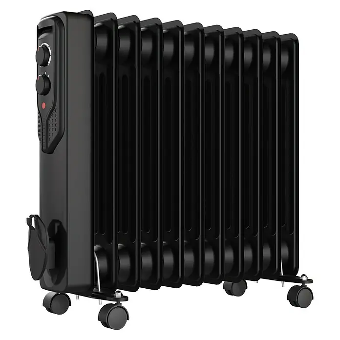 Voltomat HEATING Ölradiator - 2.500 W, Raumgröße bis ca. 25 m², Schwarz - Ein schwarzer Ölradiator mit Bedienknöpfen, mehreren Heizrippen und Rollen für den einfachen Transport.