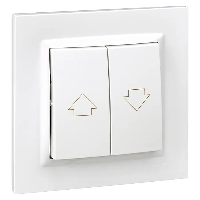 Simon 10 Tecla de control de persiana - Blanco, Montaje en superficie, 10 A - Interruptor blanco con dos botones para controlar persianas enrollables. El producto tiene flechas arriba y abajo para una fácil operación.