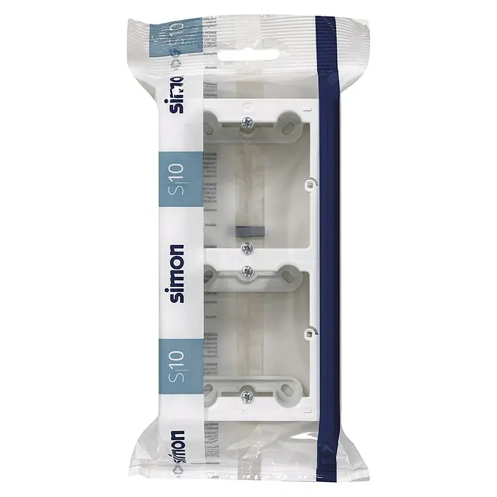 Simon 10 Caja de superficie - 4 x 8,4 x 12 cm, Colocar, Blanco - Primer plano de un marco doble blanco Simon S10 en un embalaje sellado, ideal para instalaciones eléctricas y montaje en pared.