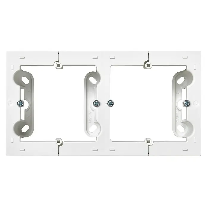 Simon 10 Caja de superficie - 4 x 8,4 x 12 cm, Colocar, Blanco - Primer plano de una cubierta de doble marco de plástico blanco, fijada con tornillos, diseñada para dos inserciones de interruptor o enchufe.