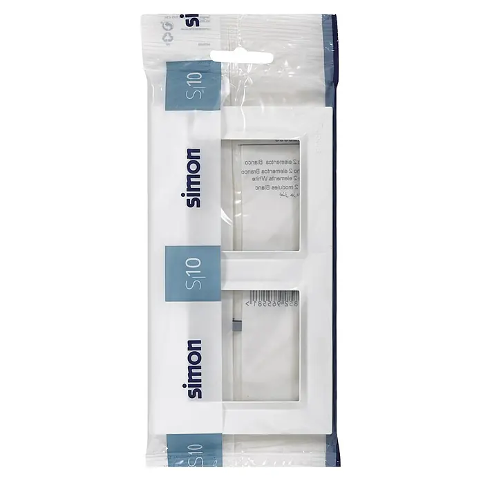 Simon 10 Marco - Blanco, Modelo de mecanismos: x 2, Plástico, Colocar - Primer plano de un marco doble Simon S10 blanco empaquetado, ideal para combinaciones de interruptores modernos.
