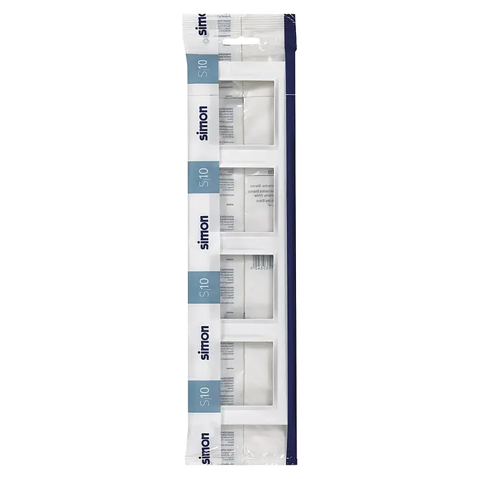 Simon 10 Marco - Blanco, Modelo de mecanismos: x 4, Plástico, Colocar - Imagen de un marco cuádruple de la serie Simon S10, empaquetado en plástico transparente, perfecto para instalaciones de interruptores múltiples.