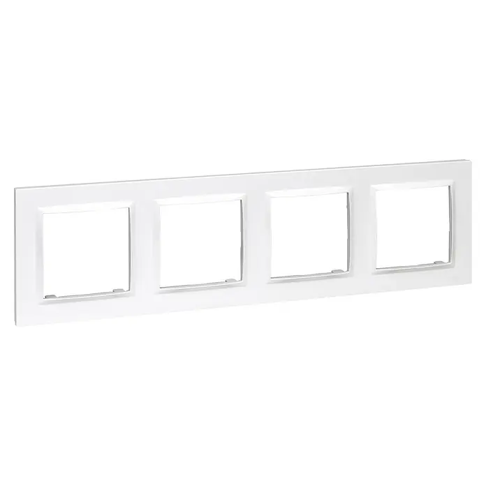 Simon 10 Marco - Blanco, Modelo de mecanismos: x 4, Plástico, Colocar - Una placa de cubierta de marco cuádruple blanca para interruptores de luz, tomas de corriente u otros accesorios eléctricos para montaje en pared.