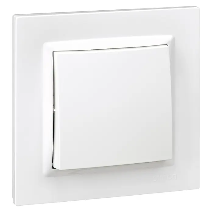 Simon 10 Cruzamiento - Blanco, Montaje en superficie, 10 A - Primer plano de un interruptor de luz blanco de Simon, que muestra su diseño simple y superficie lisa, un accesorio eléctrico moderno.