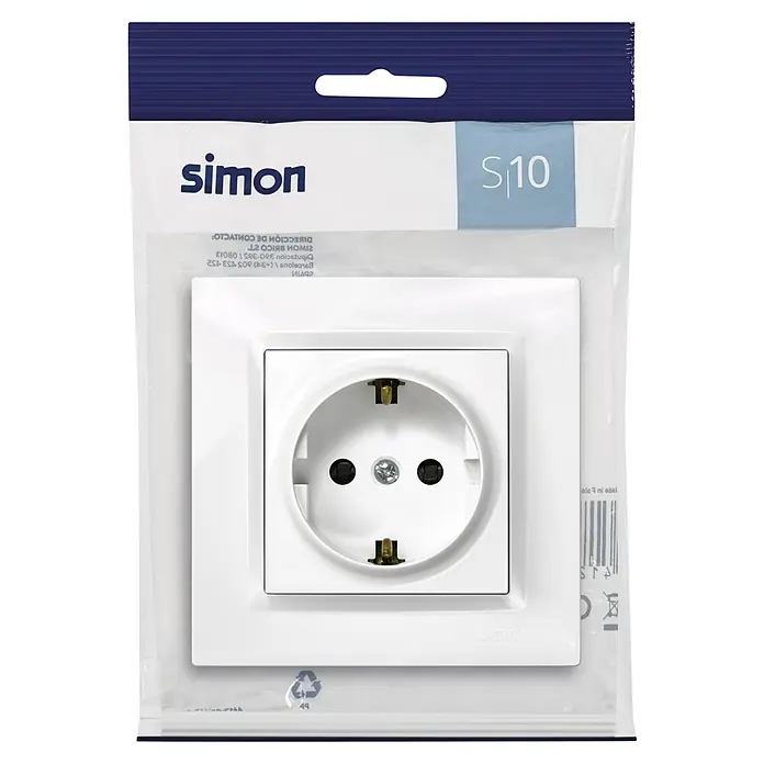 Simon 10 Enchufe Schuko - Blanco, Plástico, Montaje en superficie - Enchufe blanco Simon S10 en su embalaje original. Para un suministro de energía seguro en la casa.
