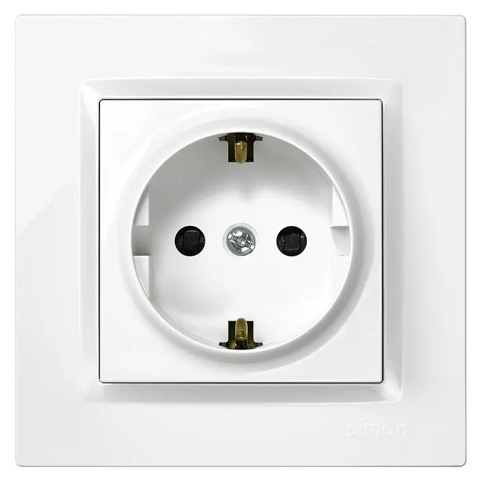 Simon 10 Enchufe Monoblock - Blanco, Plástico, Montaje en superficie - Primer plano de un enchufe blanco Simon con apertura redonda y toma de tierra, ideal para enchufes europeos. Práctico y seguro.