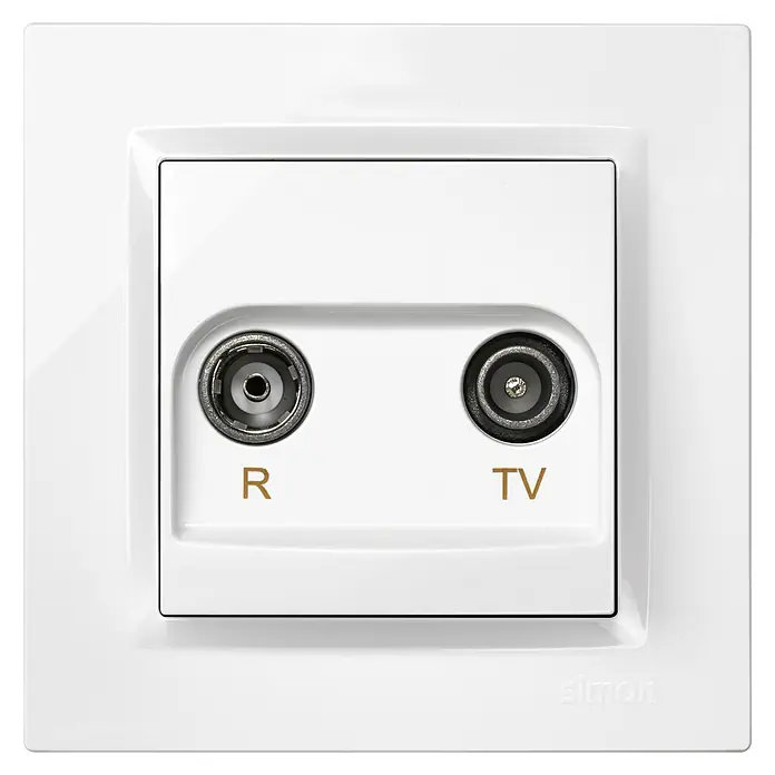 Simon 10 Toma TV Final - Blanco, Colocar - Una toma de antena de TV y radio blanca etiquetada como "R" y "TV" para conectar cables de antena.
