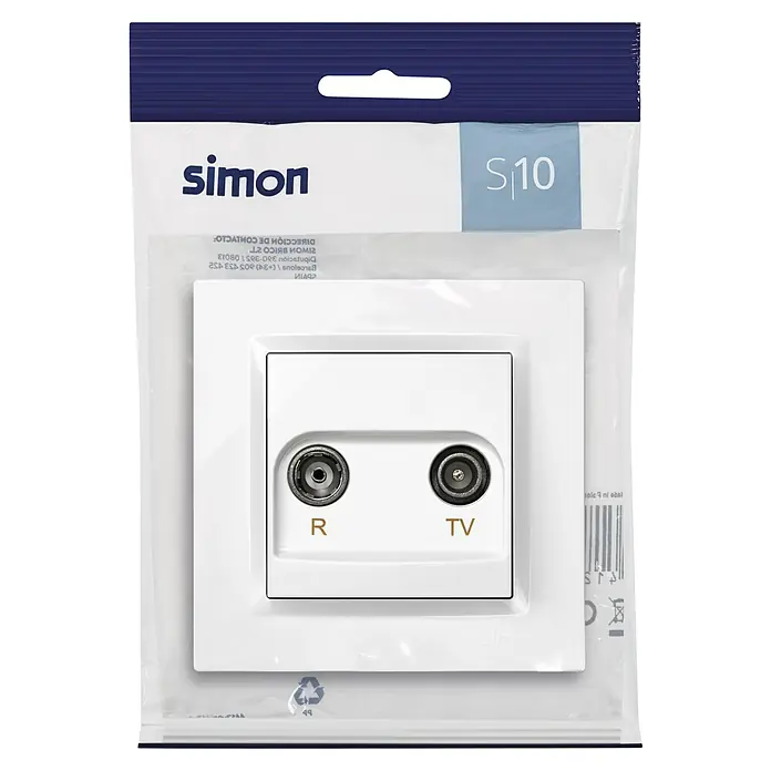 Simon 10 Toma TV Final - Blanco, Colocar - Toma de antena Simon S10 empaquetada con conexiones TV y R para la recepción de señales de televisión y radio.