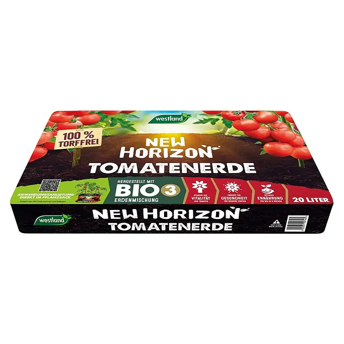 Westland Tomaten- & Gemüseerde New Horizon - 20 l - Abbildung einer Packung Westland New Horizon Tomatenerde, torffreie Bio-Erdenmischung für gesunde Tomatenpflanzen und reiche Ernte.