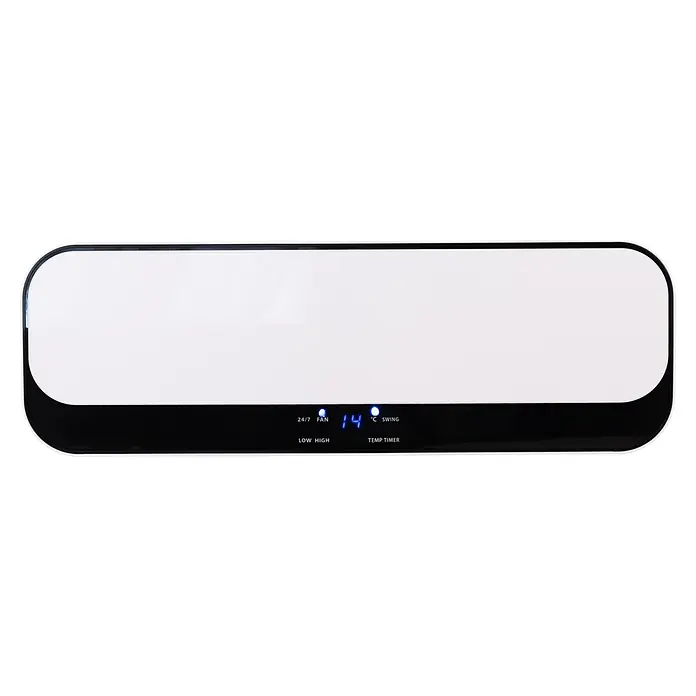 Voltomat HEATING Heizlüfter - 1.000 W - 2.000 W, Weiß/Schwarz, 14,4 x 55,7 x 18,5 cm - Nahaufnahme einer modernen, weißen Klimaanlage mit digitaler Temperaturanzeige und verschiedenen Funktionsanzeigen.