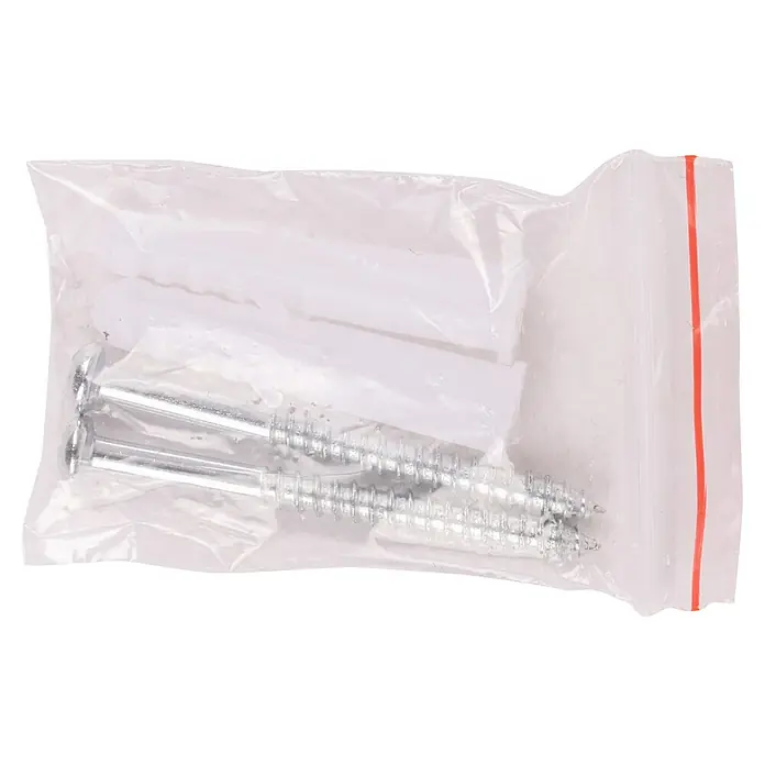 Voltomat HEATING Heizlüfter - 1.000 W - 2.000 W, Weiß/Schwarz, 14,4 x 55,7 x 18,5 cm - Bild einer durchsichtigen Plastiktüte mit zwei Schrauben und Dübeln. Ideal für Befestigungen und Reparaturen im Haushalt.