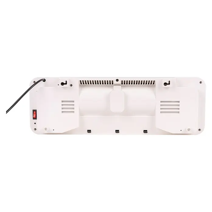 Voltomat HEATING Heizlüfter - 1.000 W - 2.000 W, Weiß/Schwarz, 14,4 x 55,7 x 18,5 cm - Rückansicht einer weißen UV-Nagellampe mit Kabel, Schalter, Lüftungsschlitzen und Aufhängelöchern für den professionellen Nagelgebrauch.
