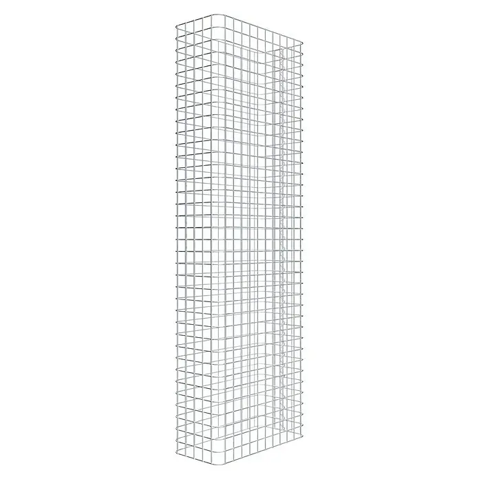 Gabiona Gabione - 57 x 27 x 180 cm, Stahl, Maschenbreite: 50 mm, Maschenhöhe: 50 mm - Regalstruktur aus silbernem Metall mit quadratischen Öffnungen und gebogenen Details, die ein modernes und industrielles Design zeigt.